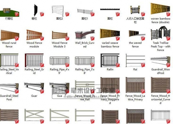 围墙栏铁艺护栏SU模型栅栏篱笆栏杆sketchup建筑景观构件设计素材