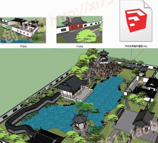 SU草图大师中式园林古典滨水公园景观建筑设计sketchup模型素材