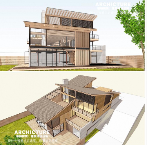 国外坡地现代斜面屋顶木结构小住宅私人别墅建筑设计su模型