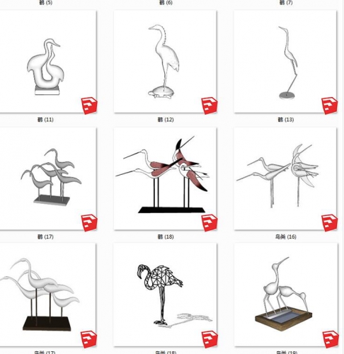 sketchup鸟类动物雕塑su模型仙鹤白鹤小品摆件su草图大师模型设计