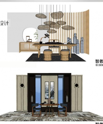 SU模型室内设计禅意新中式风格家具软装组合草图大师Sketchup模型