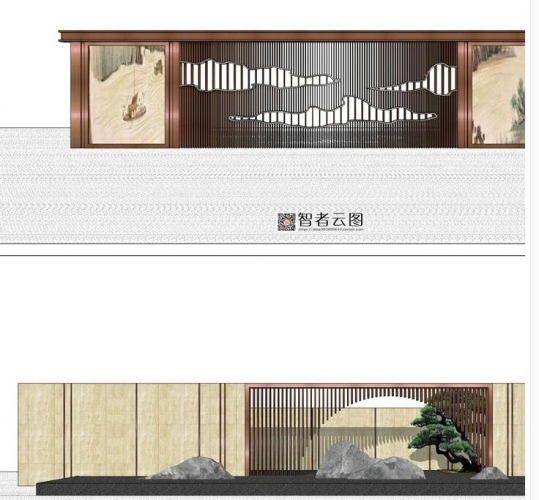 sketchup模型新中式禅意山水景墙园林景观设计小品草图大师su模型