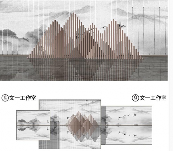 山水景墙山石片岩新中式禅意景观设计园林中式su模型广场背景墙