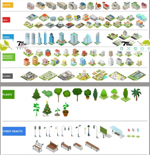 卡通手绘2.5D创意场景等距立体建筑人物植物AI矢量插画UI素材模板