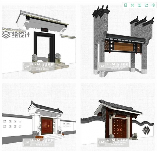 四合院居住小区中式古典大门门楼牌坊草图大师景观设计素材