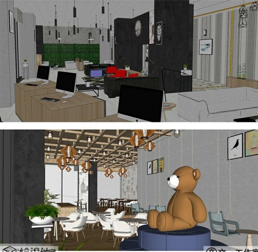 咖啡厅茶楼SU模型配套cad施工图餐厅餐饮空间草图大师sketchup