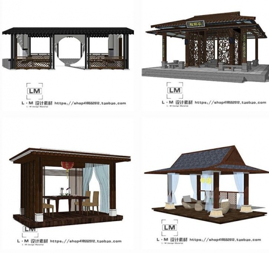 SU模型新中式亭子廊架景观小建筑新亚洲木结构廊亭纱幔亭草图大师