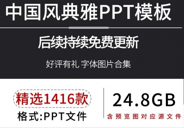 中国风古风雅致ppt模板水墨鎏金仙鹤祥云山水商务动态工作ppt素材