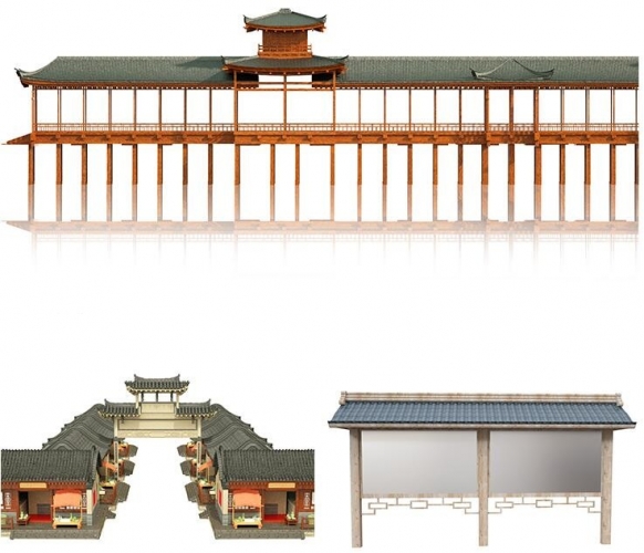 3D立体中式庭院凉亭高塔景观古建筑图元素PNG免抠C4D立体模型素材