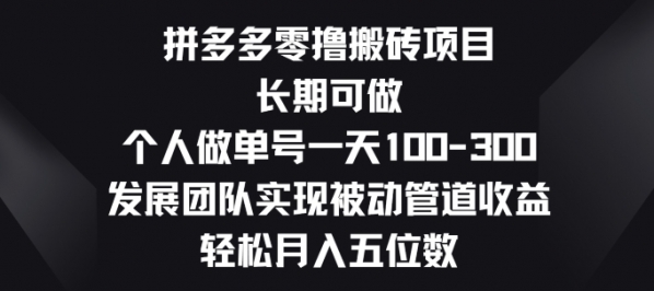 拼多多零撸搬砖项目，长期可做，个人做单号一天一两张，发展团队实现被动管道收益