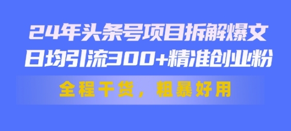 24年头条号项目拆解爆文，日均引流300+精准创业粉，全程干货，粗暴好用