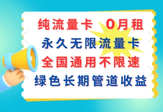 纯流量卡，0月租，永久无限流量卡，全国通用不限速，绿色长期管道收益