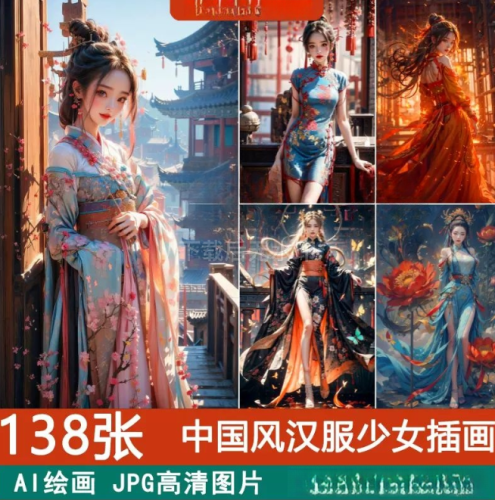 AI绘画中国风国潮古风复古古韵汉服美少女穿搭海报插画图片PS素材 - 163资源网-163资源网