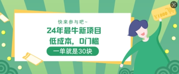 24年最牛新项目，低成本，0门槛 ，一单就是30块，轻松月入1w