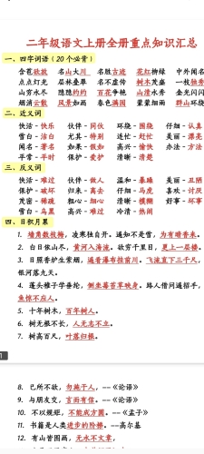 小学语文重点知识汇总学习 (1-6年级上册) 